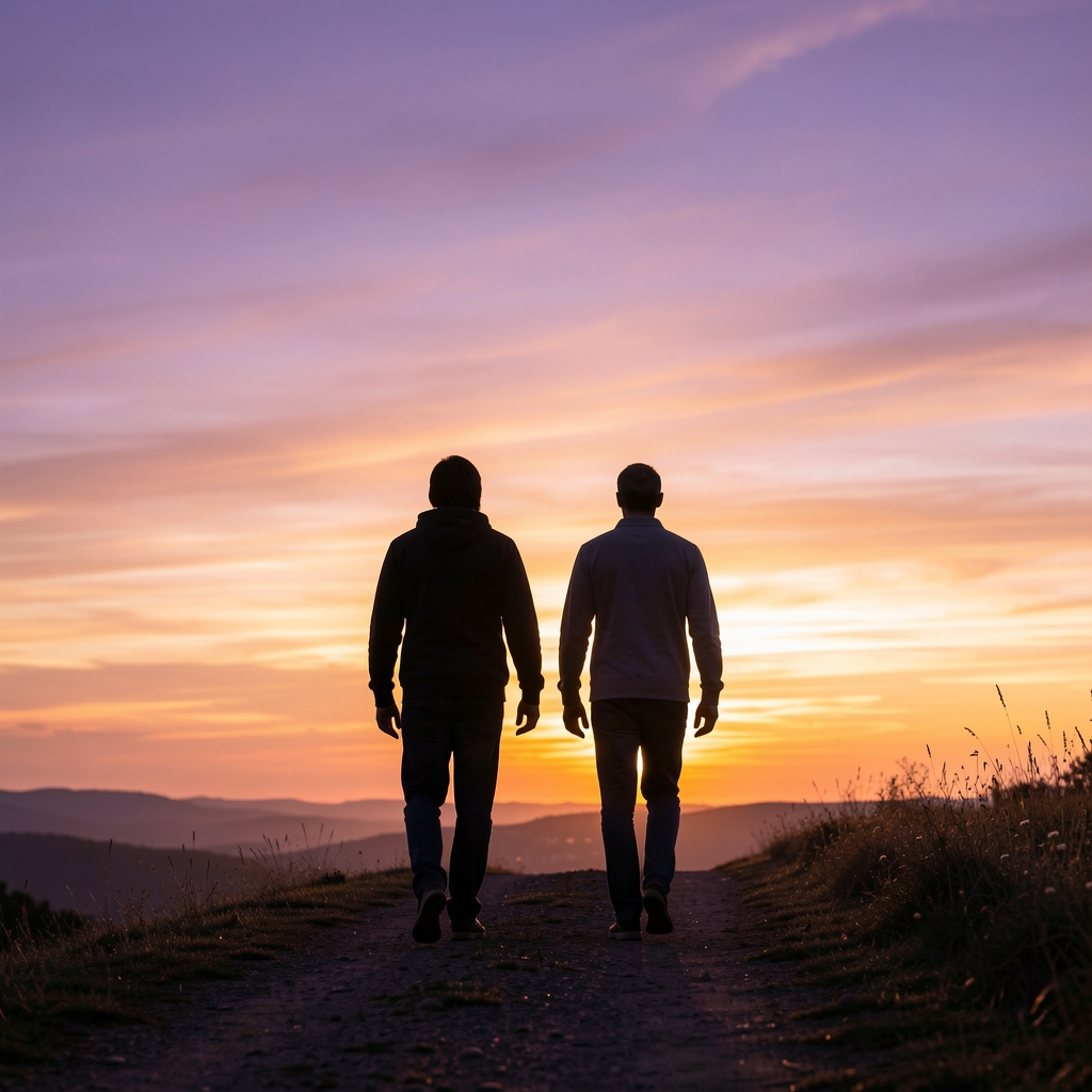 Siluetas de dos personas caminando juntas hacia el horizonte durante un atardecer con cielo en tonos violeta y dorado