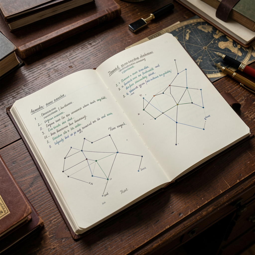 Agenda abierta con anotaciones astrológicas y un mapa de constelaciones sobre un escritorio de madera oscura