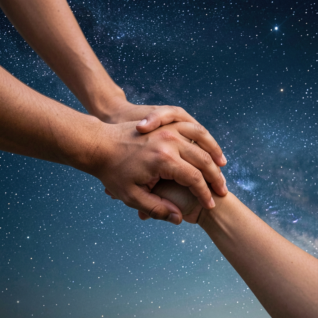 Dos manos entrelazadas sobre un fondo de cielo nocturno con estrellas, simbolizando la conexión entre dos personas