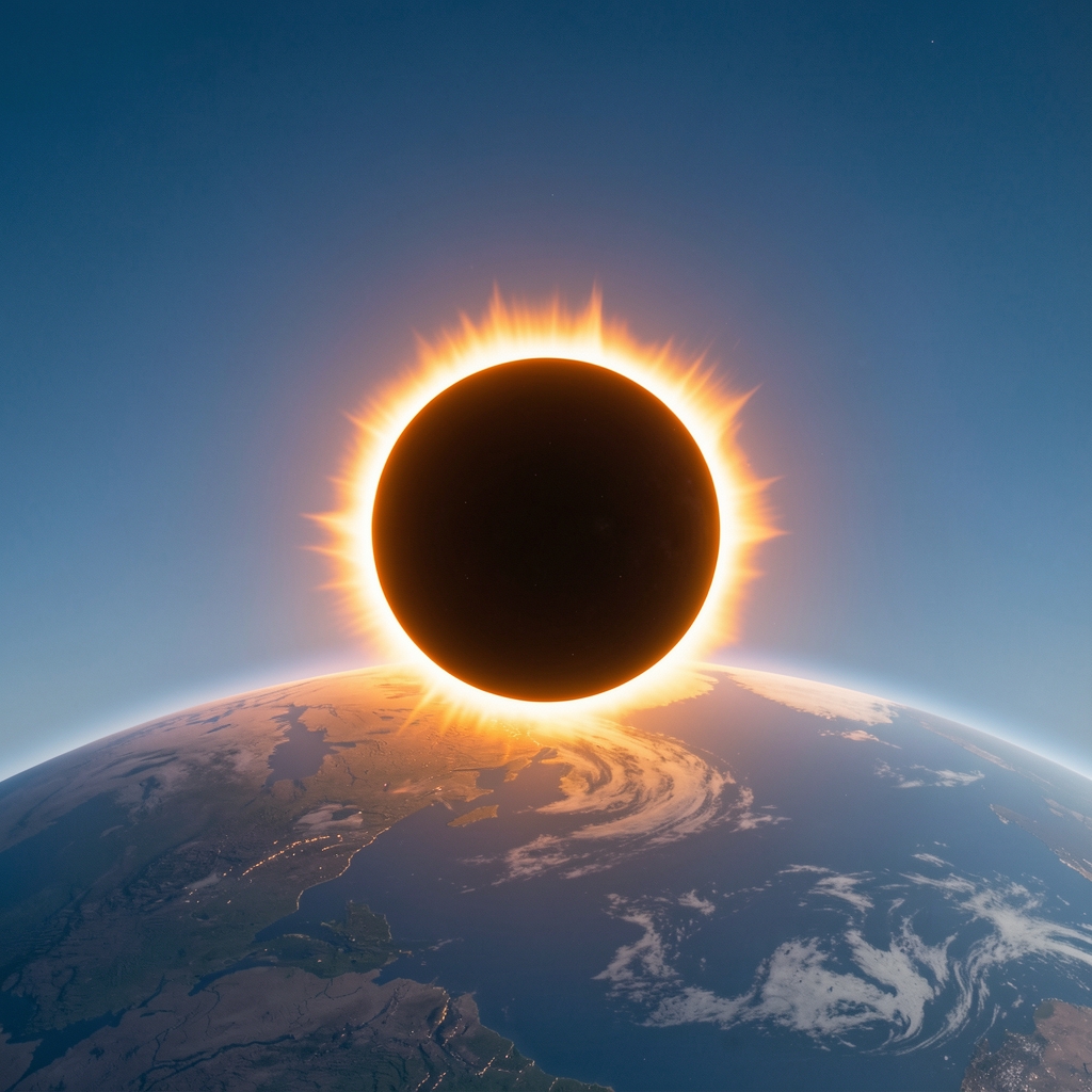 Eclipse solar visto desde la Tierra con el anillo de fuego alrededor de la luna en un cielo despejado