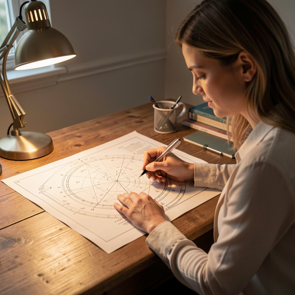 Redactora tomando notas frente a un mapa astrológico impreso sobre un escritorio de madera con una lámpara encendida