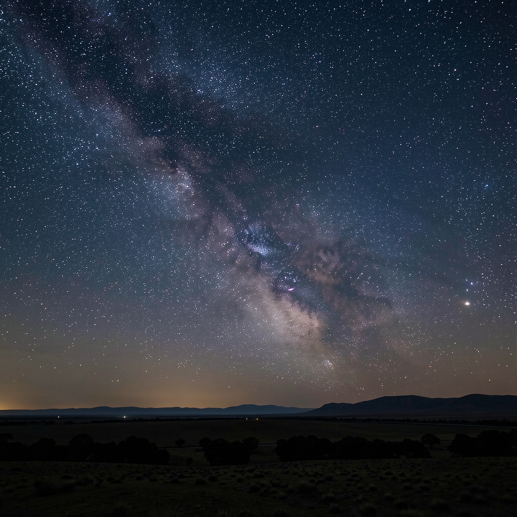 Cielo nocturno profundo con constelaciones visibles y estrellas brillantes sobre un horizonte oscuro en Argentina