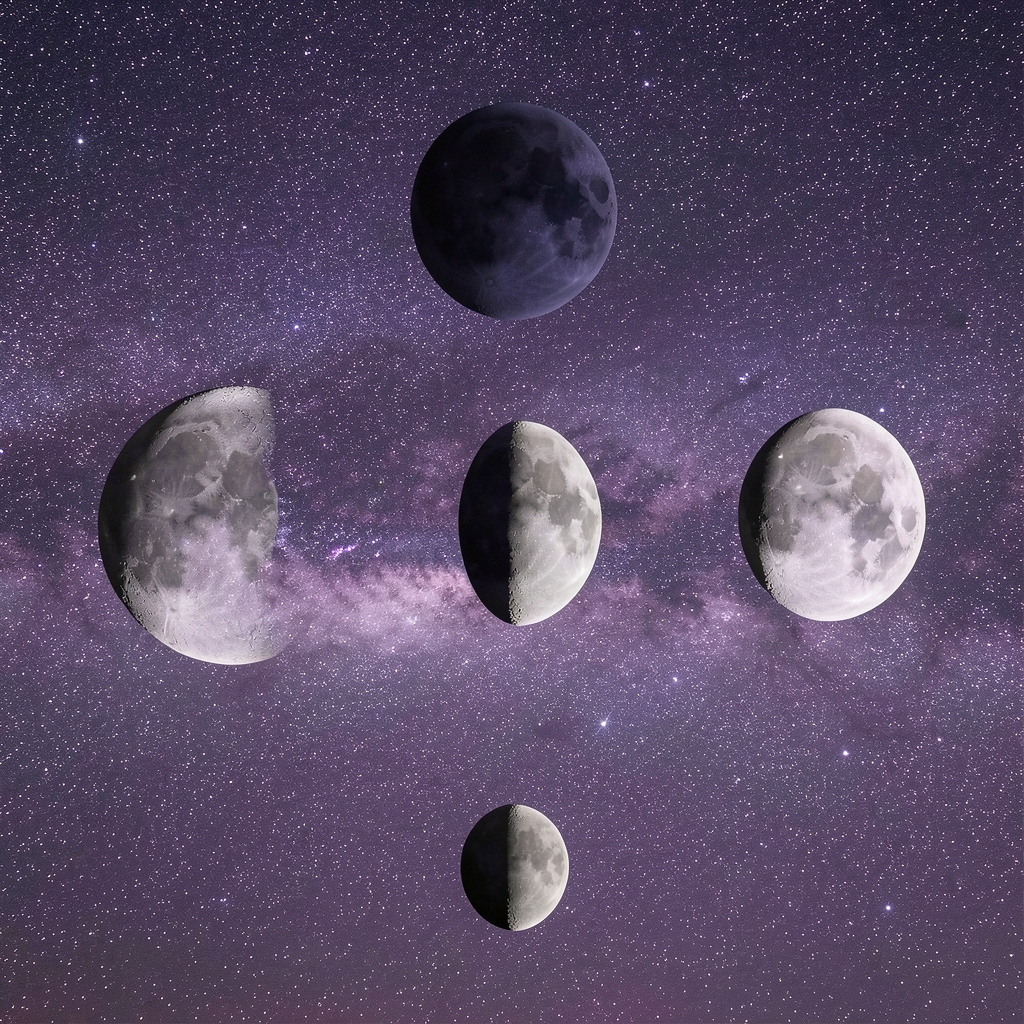 Secuencia de fases lunares sobre un cielo estrellado en tonos violeta y plateado