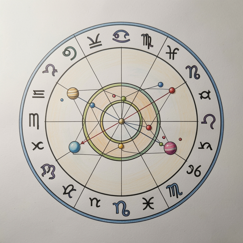 Mapa astrológico circular dibujado a mano con símbolos de los doce signos del zodíaco y líneas que conectan los planetas
