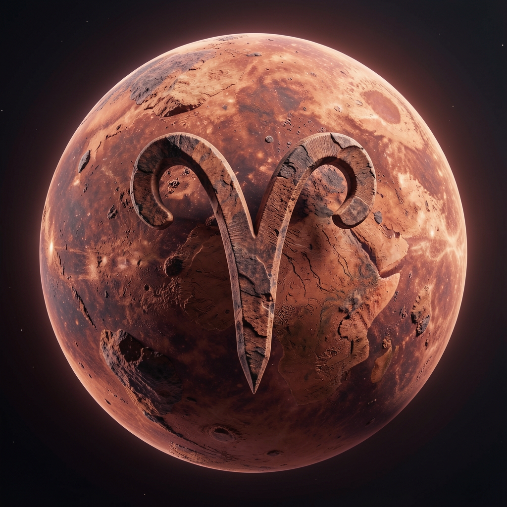 Representación artística de un planeta de tonos rojizos con textura rocosa, asociado simbólicamente al signo Aries
