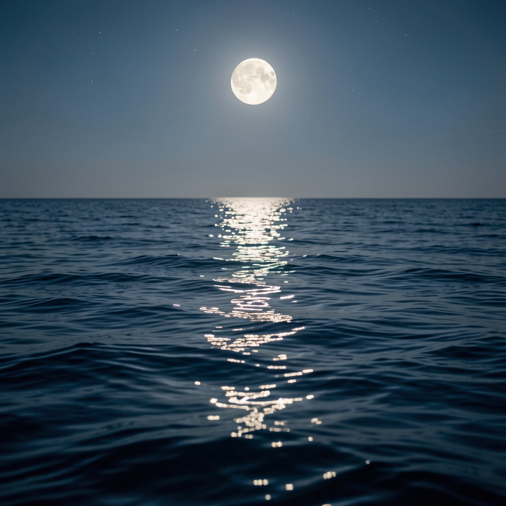 Superficie del mar en calma reflejando la luz de la luna durante la noche, textura simbólica del elemento agua