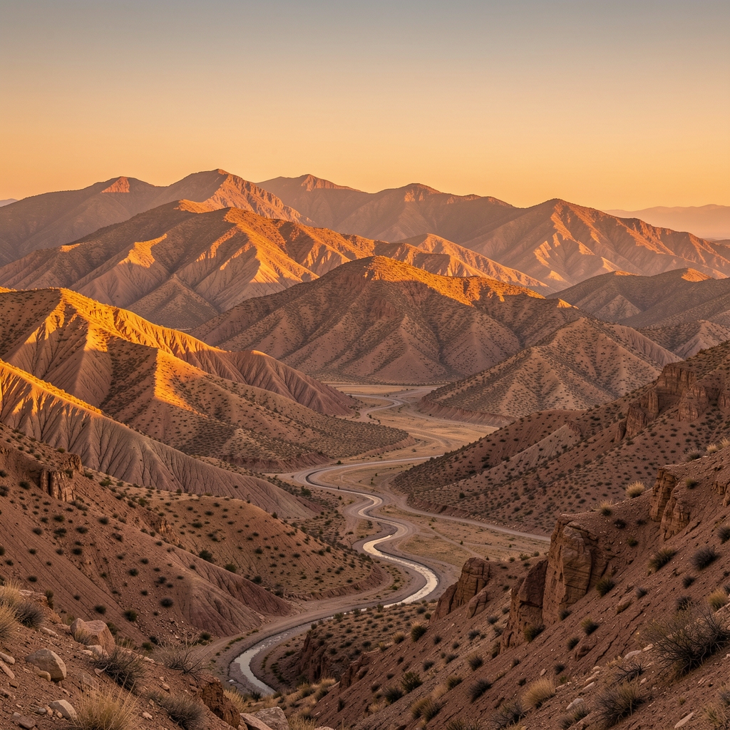 Paisaje de montañas áridas al atardecer con tonos ocres y dorados, textura simbólica del elemento tierra