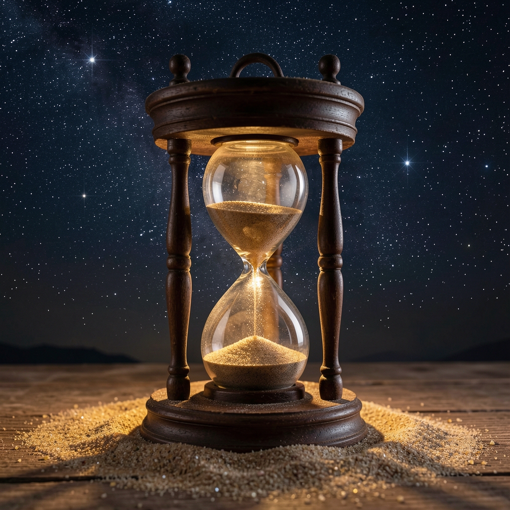 Reloj de arena antiguo iluminado por luz de estrellas sobre fondo de cielo nocturno oscuro