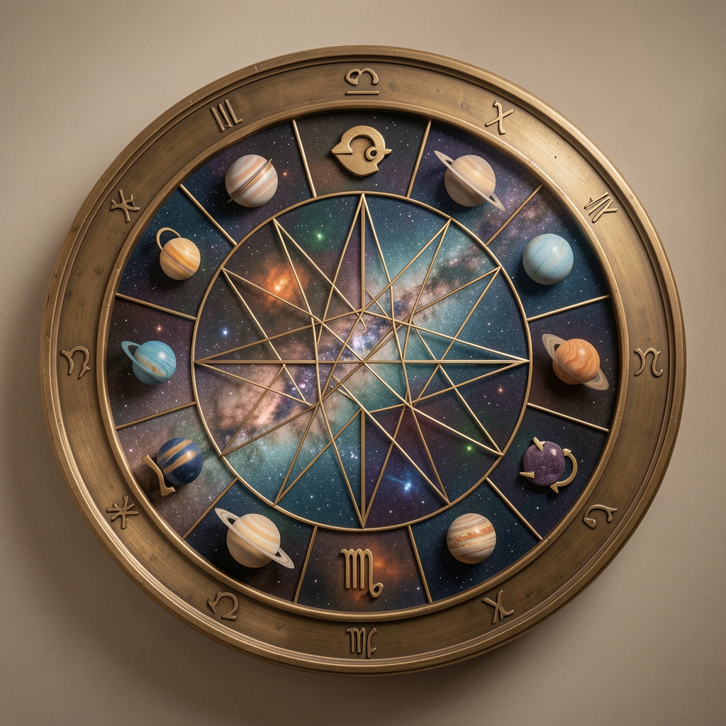 Rueda zodiacal circular con los doce símbolos del zodíaco y líneas geométricas que conectan los planetas en su interior