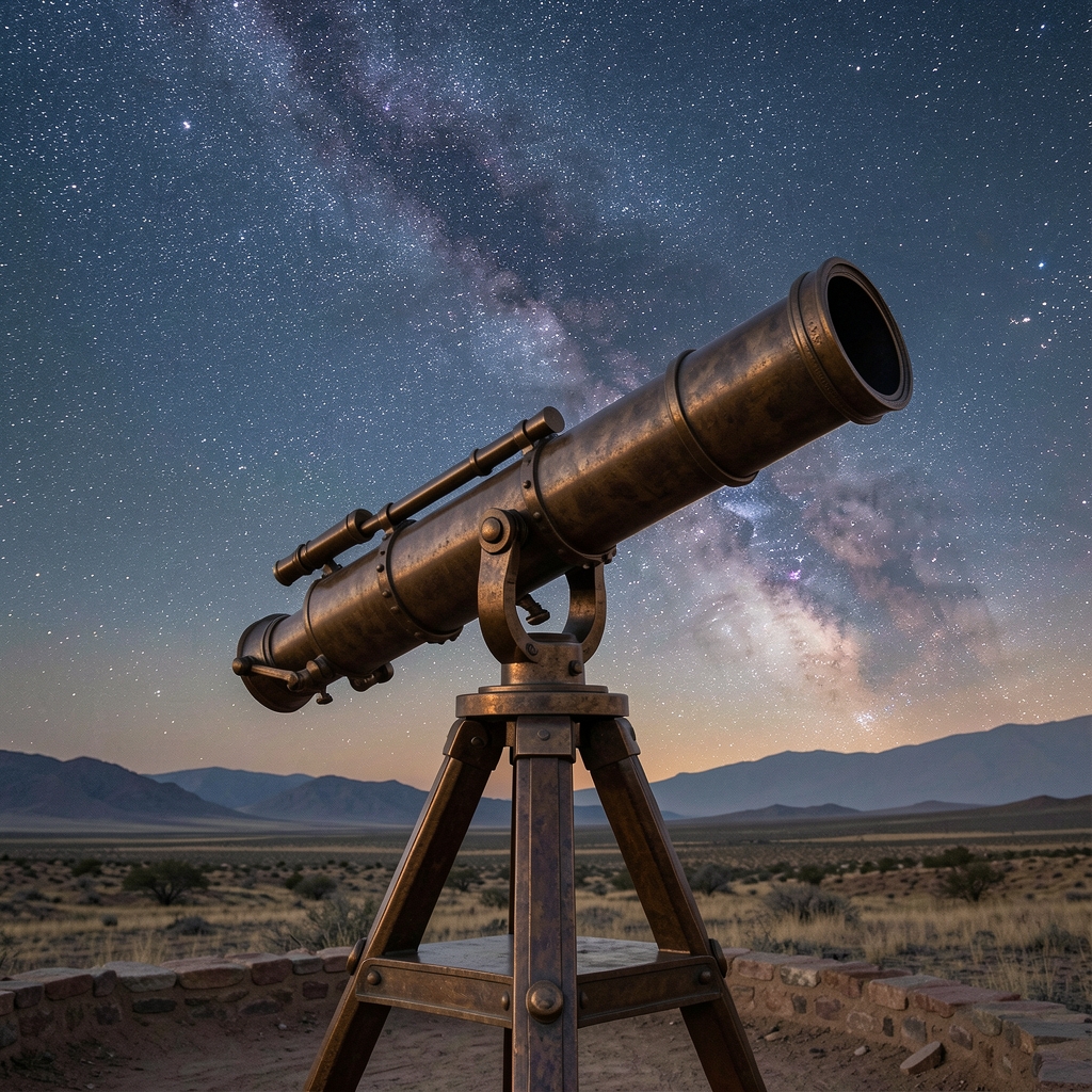 Telescopio de bronce antiguo apuntando hacia un cielo estrellado durante la noche, evocando la observación astronómica histórica