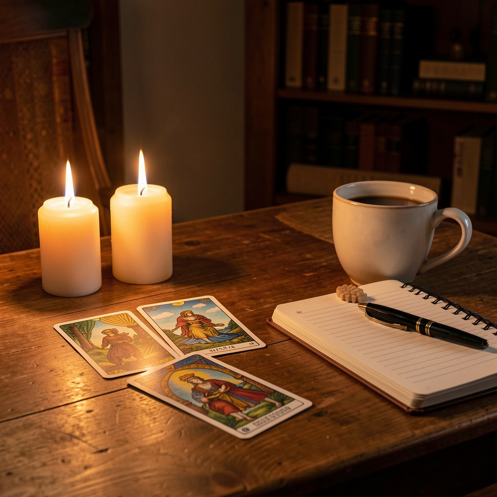 Escritorio con velas encendidas, cartas de tarot y un cuaderno de notas junto a una taza de café, ambiente cálido nocturno